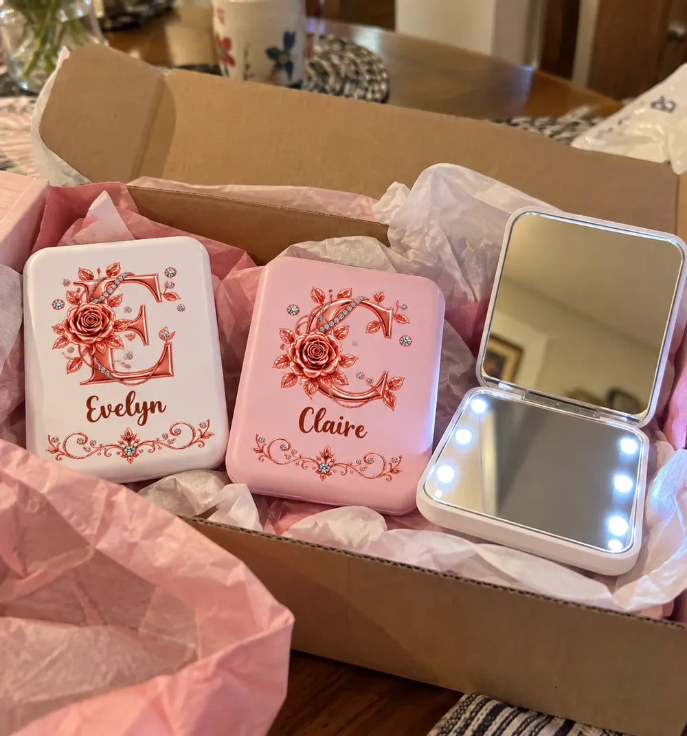 Personalized LED Pocket Mirror, Floral Design for Makeup Touch-Ups at a Sunny Cafe, Unique Gift for Her