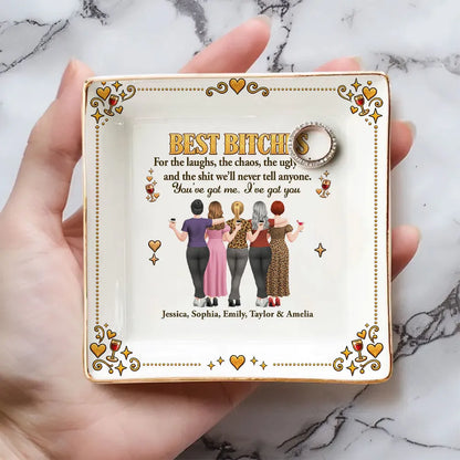 Personalized Jewelry Dish, Arm in Arm Friends with Wine, Gold Accent Unique Gift for Close Friends