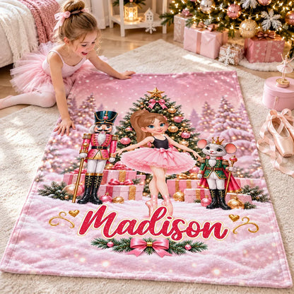 Personalized Fleece Blanket, Dancing Ballerina in Pink Nutcracker Christmas Scene, Unique Gift for Daughter