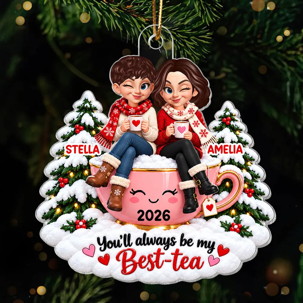 Personalized Acrylic Ornament, Friends Sharing Tea, Heartwarming Christmas Keepsake and Creative Gift for a Close Friend