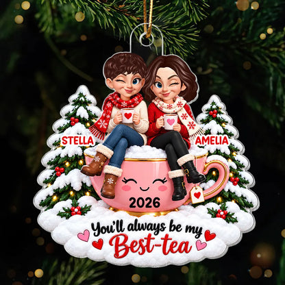 Personalized Acrylic Ornament, Friends Sharing Tea, Heartwarming Christmas Keepsake and Creative Gift for a Close Friend