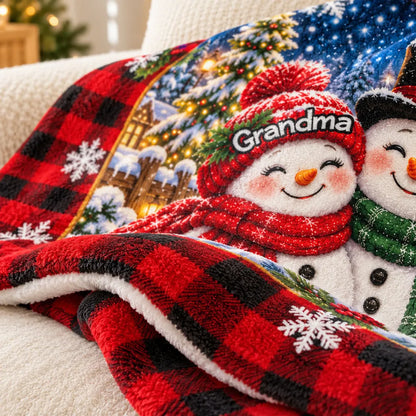 Personalized Fleece Blanket, Smiling Snowman Grandparents & Grandkids in Snowy Christmas Village, Unique Family Gift