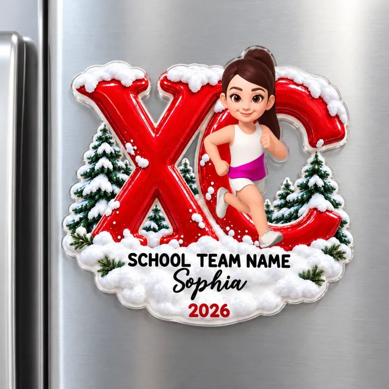 Personalized Acrylic Magnet, Running Girl in Snowy Pines, Unique Cross Country Gift for Runners