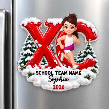 Personalized Acrylic Magnet, Running Girl in Snowy Pines, Unique Cross Country Gift for Runners