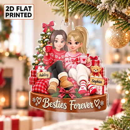 Personalized Acrylic Ornament, Friends Holding Mugs by a Christmas Tree, Unique Red Cartoon Gift for a Close Friend