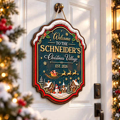 Personalized Wooden Sign with Vintage Christmas Village, Teal Red & Gold Door Decor, Unique Gift for Family