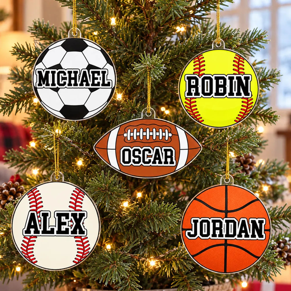 Personalized Acrylic Ornament with Sports Ball Art on a Lit Tree, Unique Gift for Kids and Sports Fans