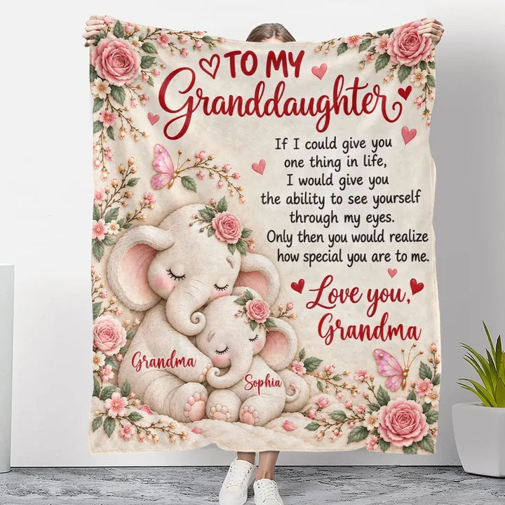 Personalized Fleece Blanket with Cuddling Elephants & Pink Florals, Unique Gift for Granddaughter