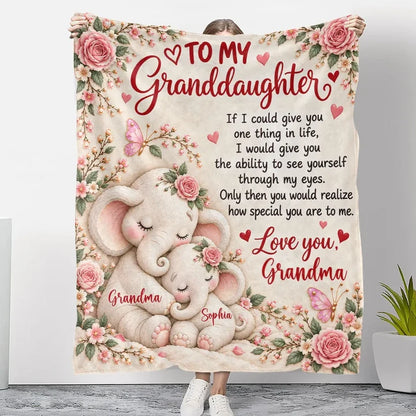 Personalized Fleece Blanket with Cuddling Elephants & Pink Florals, Unique Gift for Granddaughter