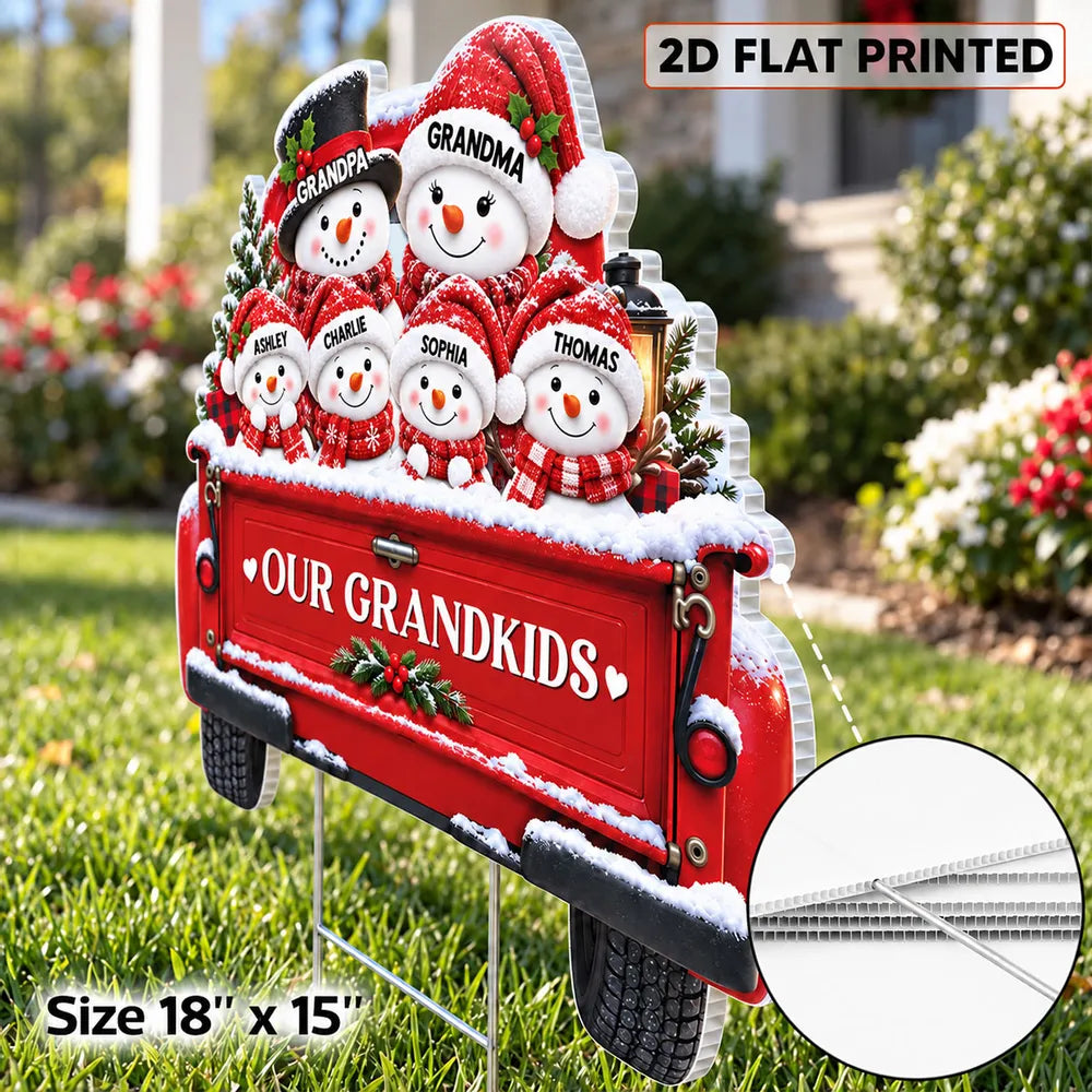 Personalized Shaped Yard Sign, Snowman Family Riding a Red Truck, Unique Christmas Gift for Grandparents