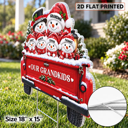 Personalized Shaped Yard Sign, Snowman Family Riding a Red Truck, Unique Christmas Gift for Grandparents