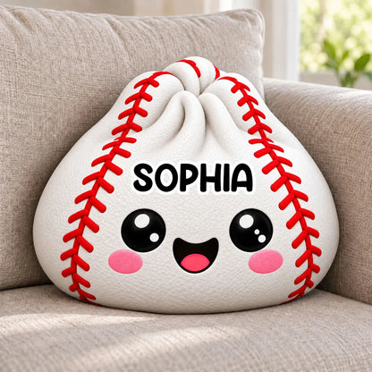 Personalized Sports Ball Shaped Pillow, Hugged by a Smiling Child on a Cozy Sofa, Unique Gift for Sports Fans
