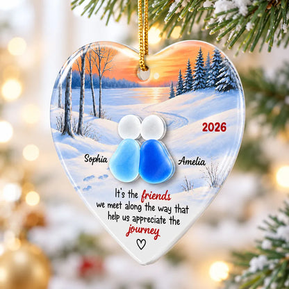 Personalized Heart Ornament, Friends Sitting Together at a Winter Sunset, Unique Christmas Gift for a Close Friend