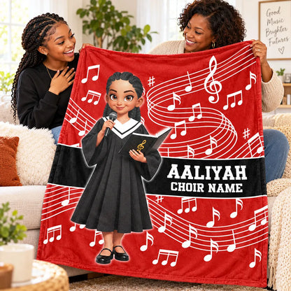 Personalized Fleece Blanket, Red Choir Graduate Holding a Microphone, Unique Music Gift for Singers