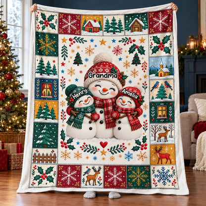 Personalized Fleece Blanket, Heartwarming Snowman Family Hug in Colorful Winter Art, Creative Gift for Grandma and Grandkids