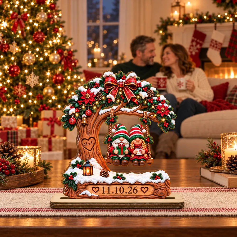Personalized 2-Layer Wooden Plaque, Christmas Gnome Couple on Snowy Tree Swing, Unique Gift for Couples