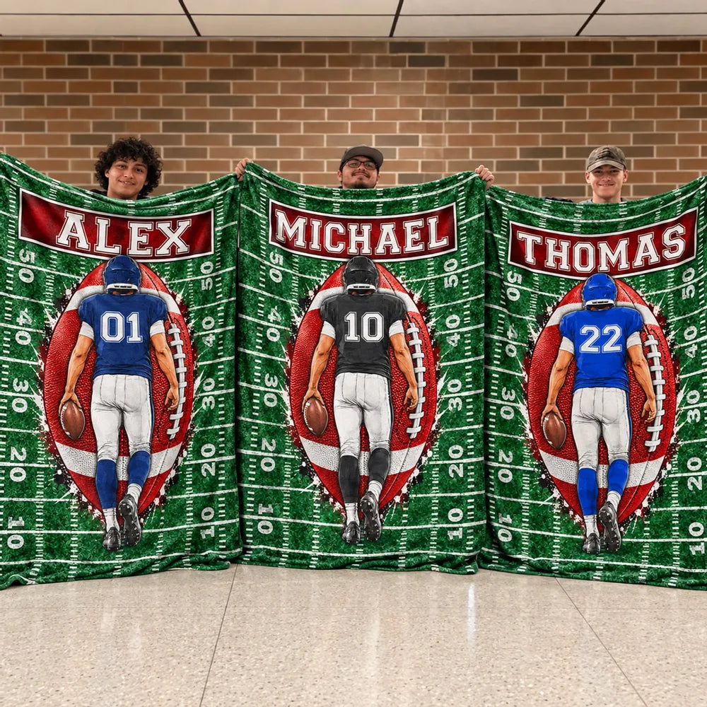 Personalized Fleece Blanket, Football Player Walking on Green Field, Unique Gift for Son or Grandson