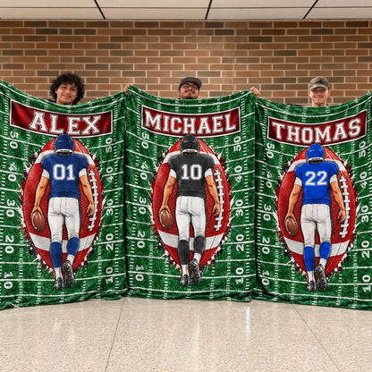 Personalized Fleece Blanket, Football Player Walking on Green Field, Unique Gift for Son or Grandson
