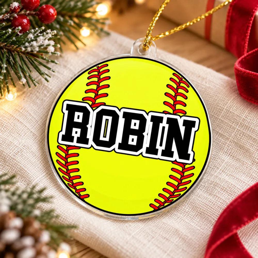 Personalized Acrylic Ornament with Sports Ball Art on a Lit Tree, Unique Gift for Kids and Sports Fans