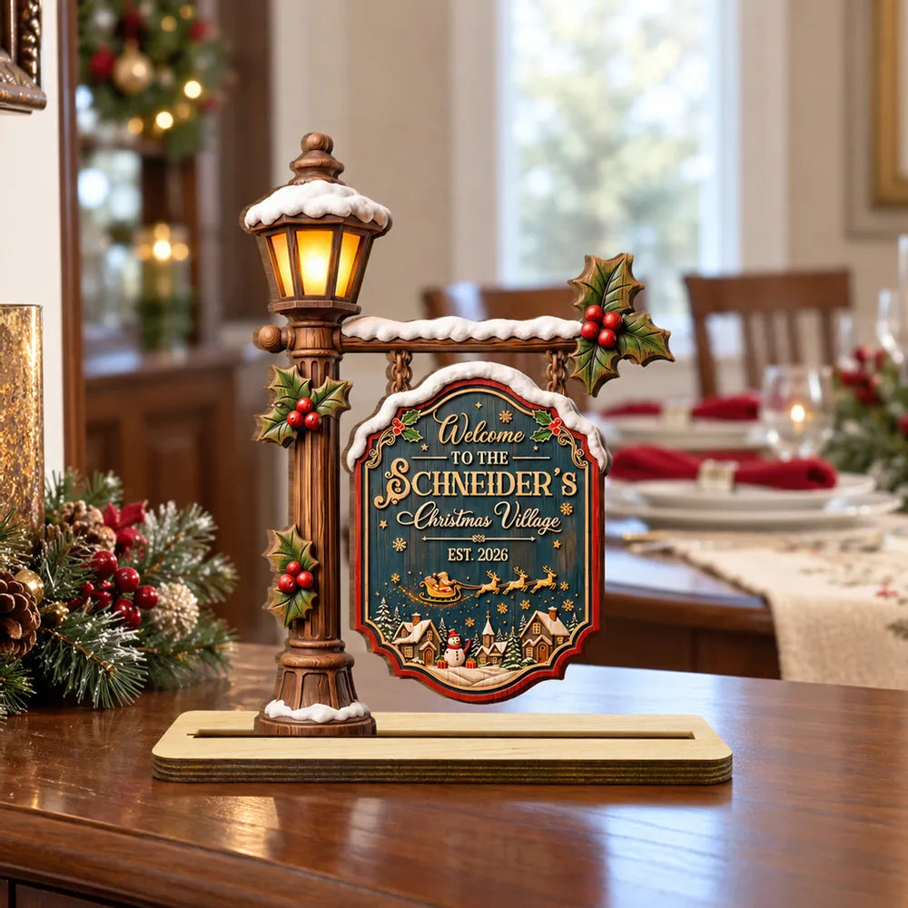 Personalized 2-Layer Wooden Plaque, Snowy Christmas Village, Unique Family Gift for Parents and Grandparents
