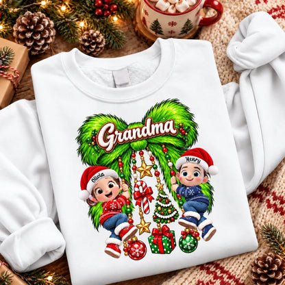 Personalized Sweatshirt with Grandkids on a Green Christmas Bow, Unique Gift for Grandma