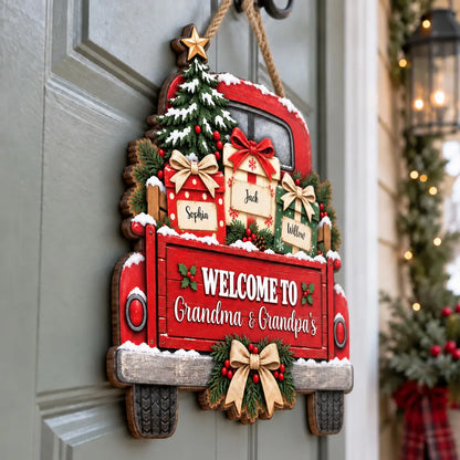 Personalized Wooden Sign with Snowy Red Christmas Truck, Unique Gift for Grandma & Grandpa