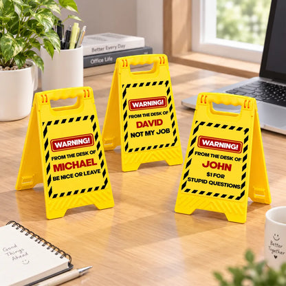 Personalized Warning Sign Phone Stand, Bold Yellow Office Desk Decor, Creative Gift for Coworker