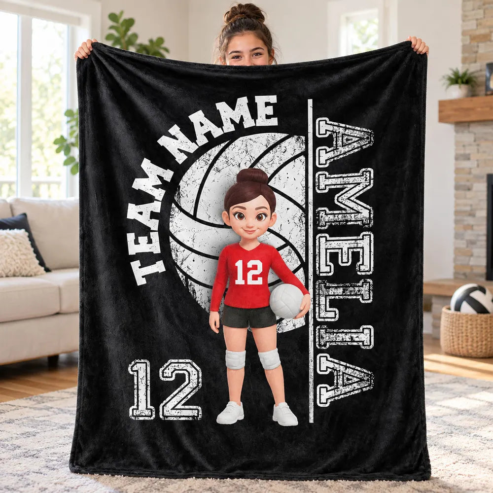 Personalized Volleyball Fleece Blanket, Black and Red Cartoon Player Holding a Ball, Unique Gift for Daughter