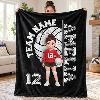 Personalized Volleyball Fleece Blanket, Black and Red Cartoon Player Holding a Ball, Unique Gift for Daughter