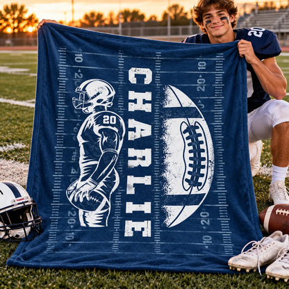 Personalized Fleece Blanket, Football Player Holding the Ball on the Field, Unique Gift for Son or Grandson