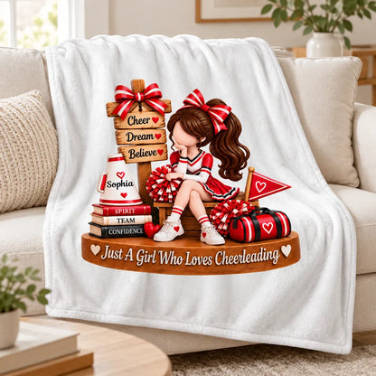 Personalized Fleece Blanket with Sitting Cheerleader, Unique Gift for Daughter or Granddaughter