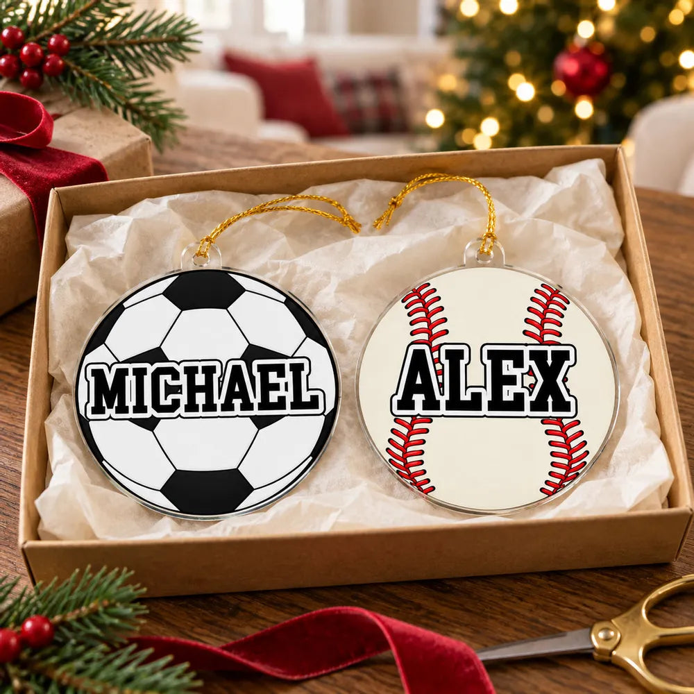 Personalized Acrylic Ornament with Sports Ball Art on a Lit Tree, Unique Gift for Kids and Sports Fans