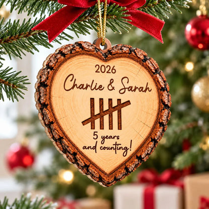 Personalized Heart Ornament, Rustic Years and Counting Anniversary Keepsake, Unique Gift for Couples