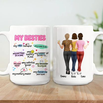 Personalized Mug, Friends Arm in Arm with Playful Pink Sayings, Unique Creative Gift for Close Friends