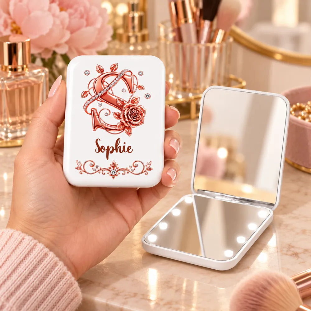 Personalized LED Pocket Mirror, Floral Design for Makeup Touch-Ups at a Sunny Cafe, Unique Gift for Her