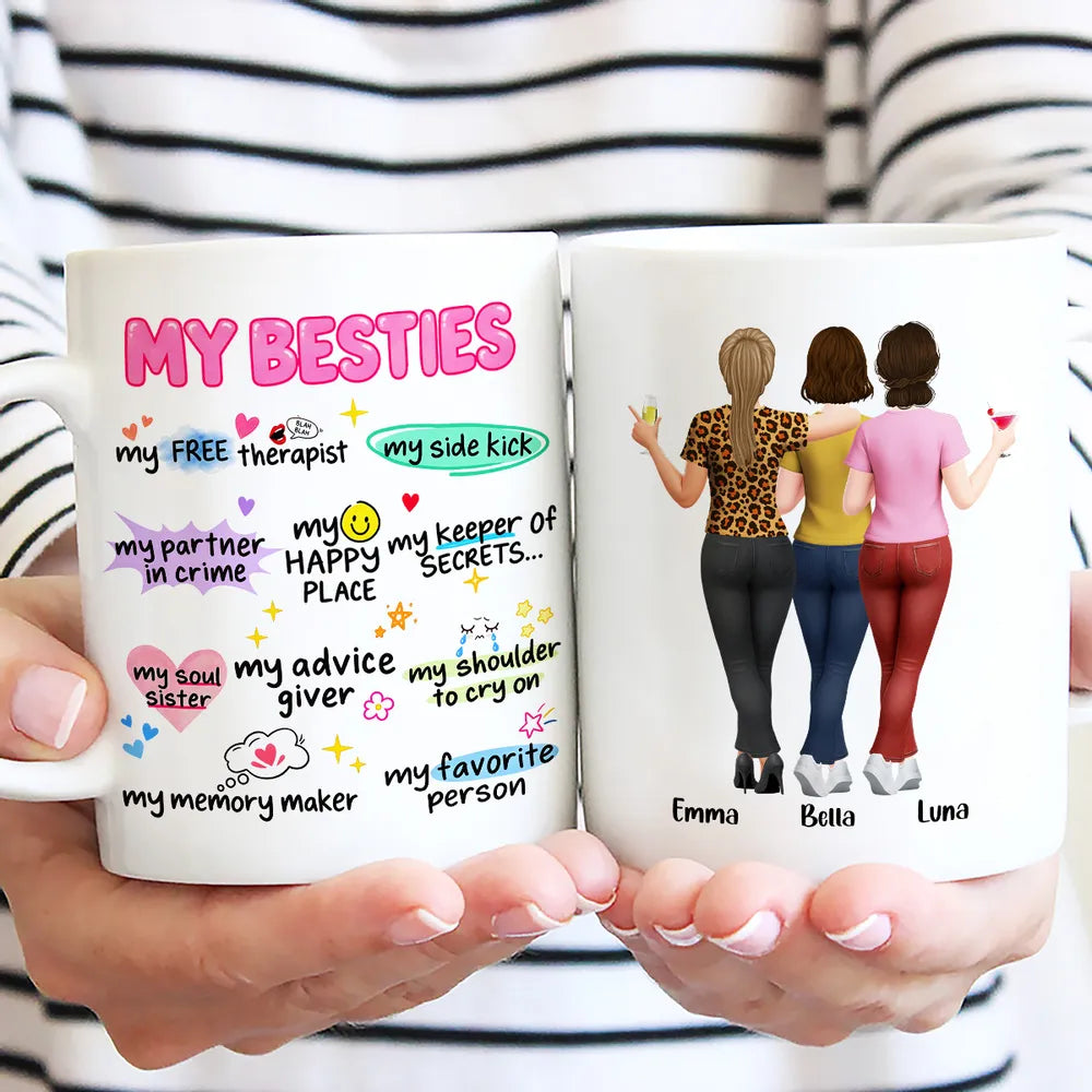Personalized Mug, Friends Arm in Arm with Playful Pink Sayings, Unique Creative Gift for Close Friends