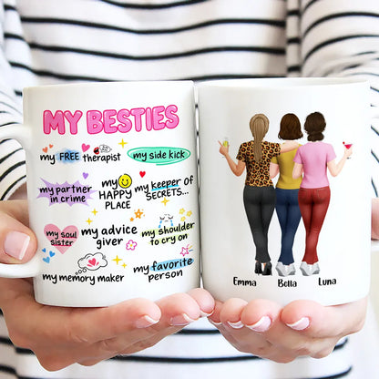 Personalized Mug, Friends Arm in Arm with Playful Pink Sayings, Unique Creative Gift for Close Friends