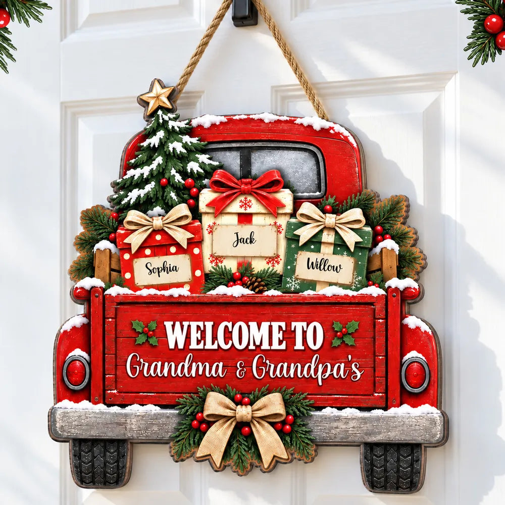 Personalized Wooden Sign with Snowy Red Christmas Truck, Unique Gift for Grandma & Grandpa