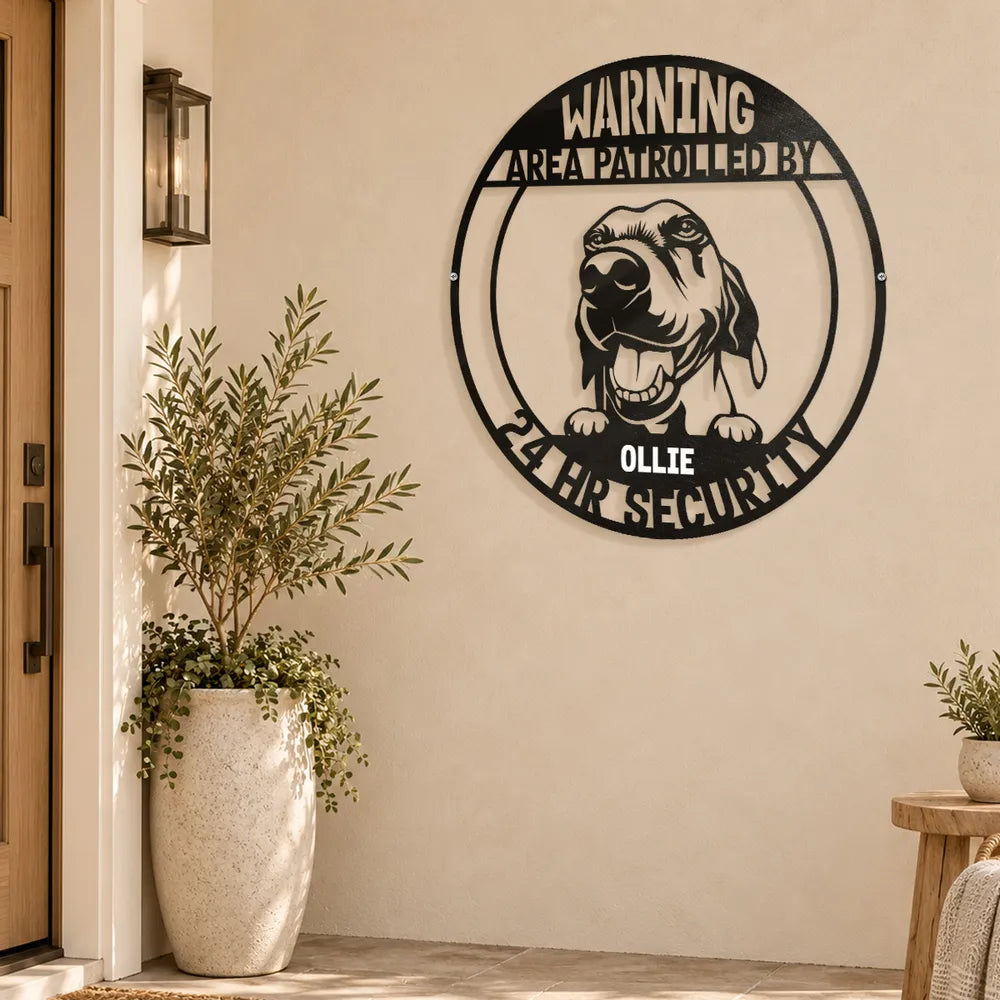 Personalized Shaped Metal Sign with Guard Dog Portrait, Monochrome Entry Decor, Unique Gift for Dog Lovers