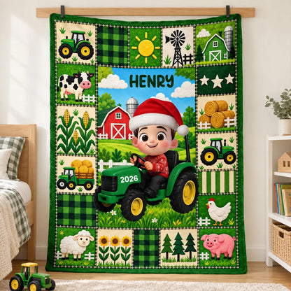 Personalized Fleece Blanket, Christmas Farm Boy Driving a Tractor, Unique Gift for Kids and Grandkids