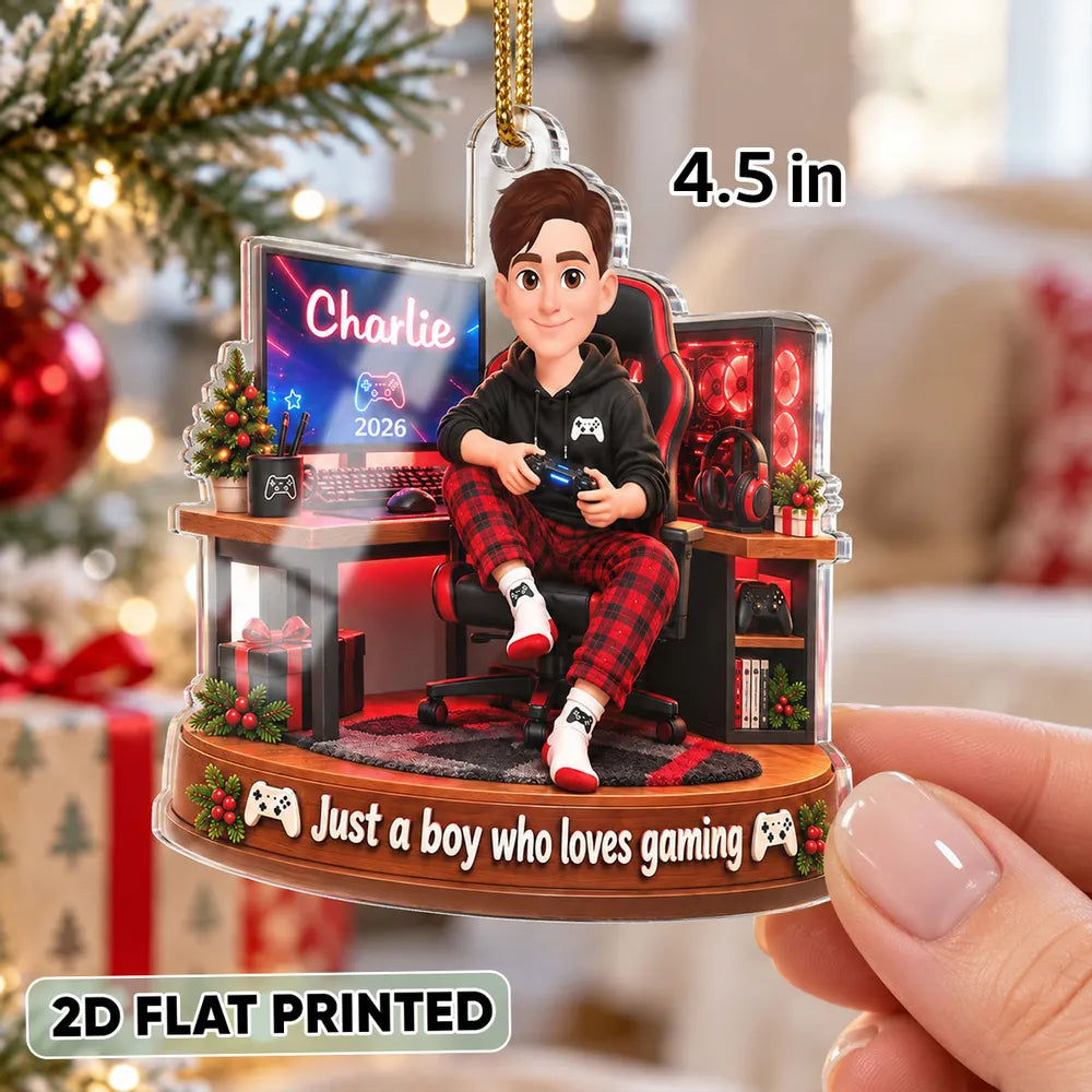 Personalized Acrylic Ornament, Red and Black Cartoon Boy Gaming at Desk, Unique Christmas Gift for Son
