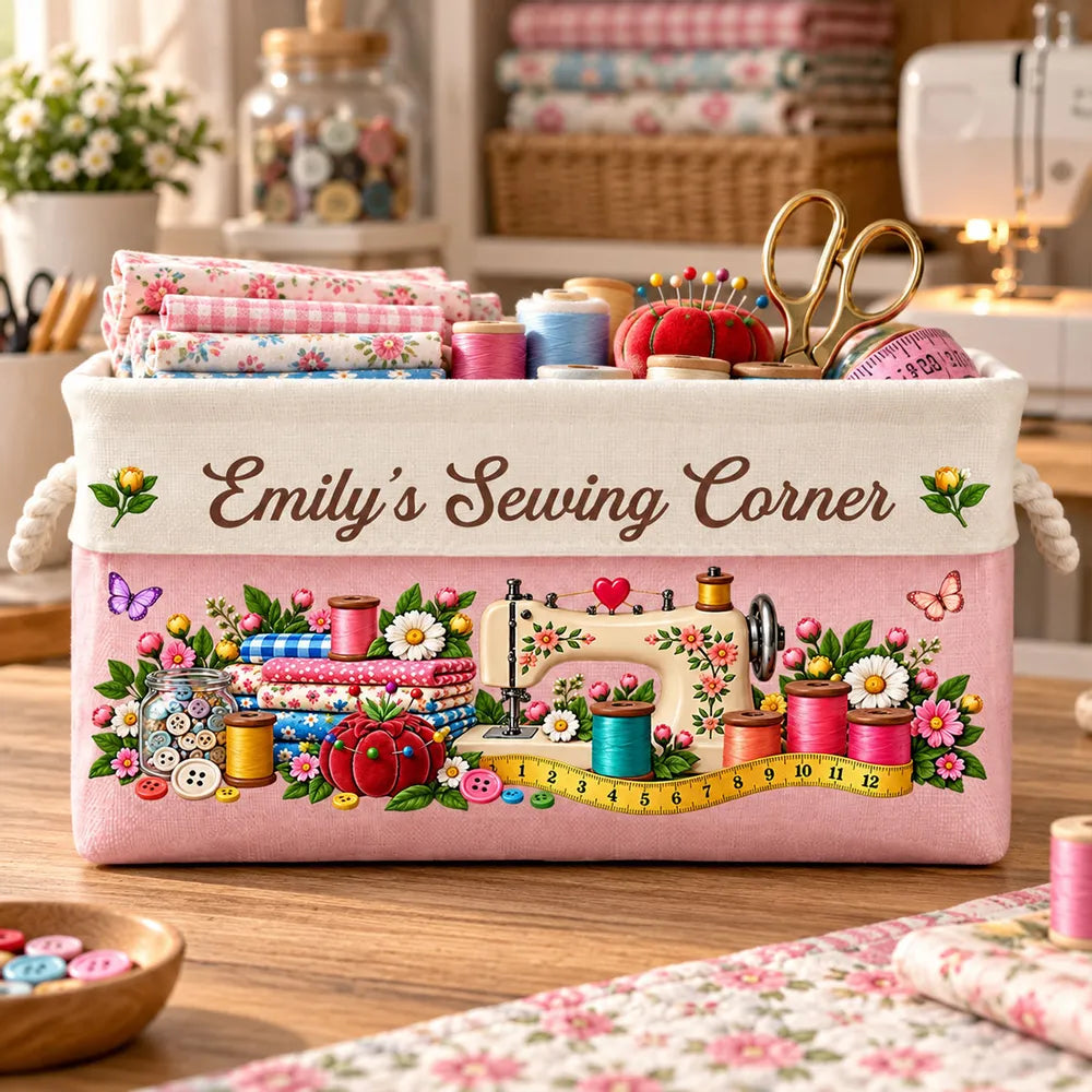 Personalized Cotton Linen Rope Basket, Floral Sewing Design, Unique Gift for Sewers and Crafters