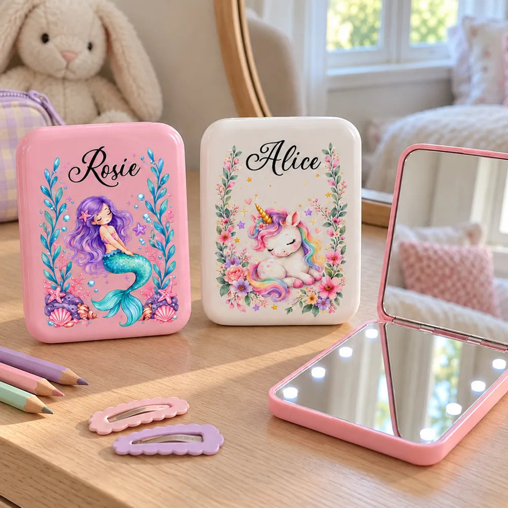 Personalized LED Pocket Mirror with Seated Mermaid and Resting Unicorn, Unique Gift for Girls