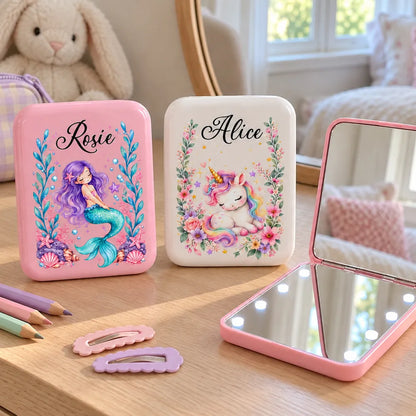 Personalized LED Pocket Mirror with Seated Mermaid and Resting Unicorn, Unique Gift for Girls