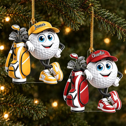 Personalized Acrylic Ornament, Smiling Golf Ball Leaning on Golf Bag, Unique Christmas Gift for Golfers