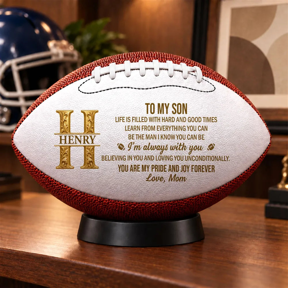 Personalized Leather Football Held in a Locker Room, Heartfelt Creative Gift for a Grandson Who Loves Football