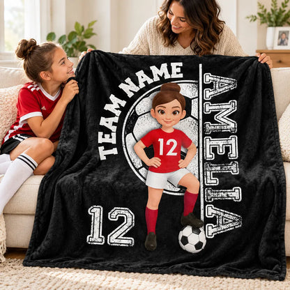 Personalized Fleece Blanket, Soccer Player Posing with Ball, Unique Navy Gift for Son or Grandkid