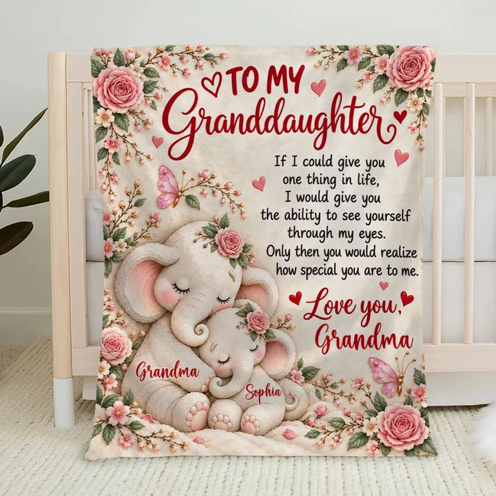 Personalized Fleece Blanket with Cuddling Elephants & Pink Florals, Unique Gift for Granddaughter