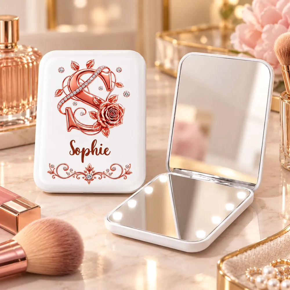Personalized LED Pocket Mirror, Floral Design for Makeup Touch-Ups at a Sunny Cafe, Unique Gift for Her