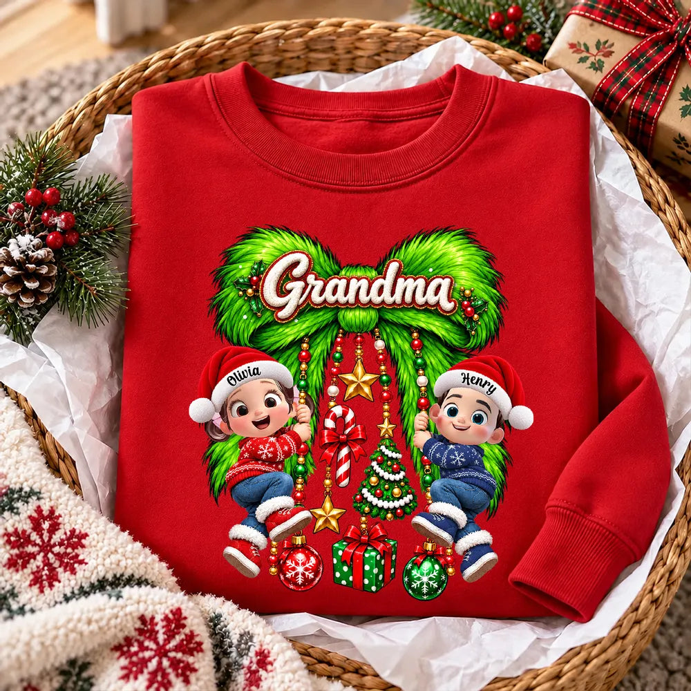 Personalized Sweatshirt with Grandkids on a Green Christmas Bow, Unique Gift for Grandma